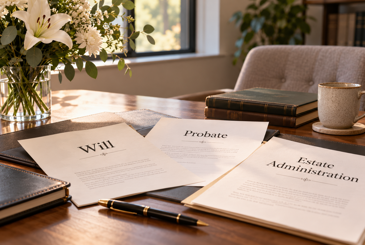What About the Paperwork? A professional office desk with documents labelled “Will”, “Probate” and “Estate Administration”, alongside a pen, glasses and flowers.